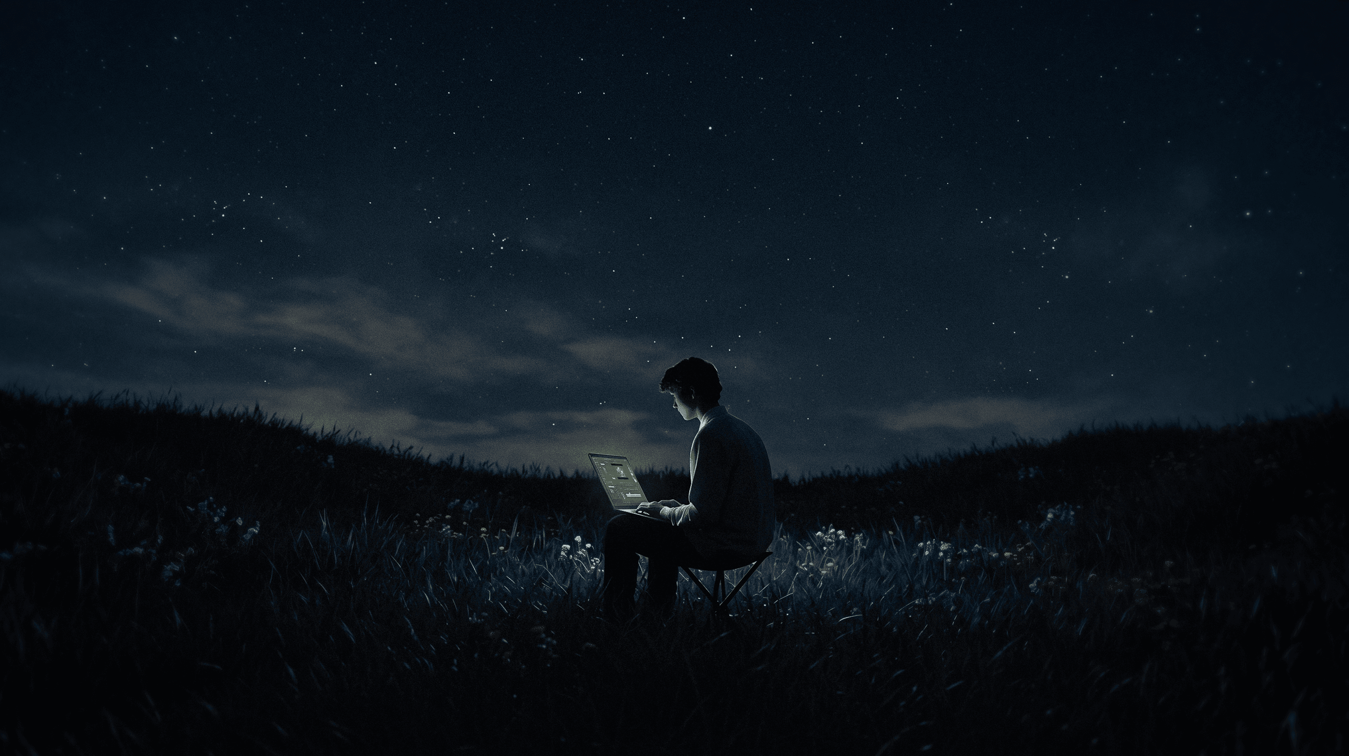 Editor de vídeo trabalhando no laptop à noite, num campo sob o céu estrelado